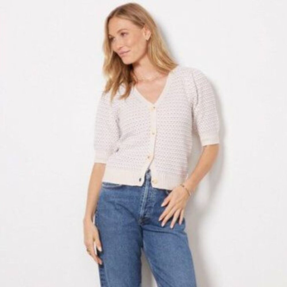 Evereve Cade Puff Sleeve Cardigan Sweater (Light Pink & Cream) - Size XL (NWOT)